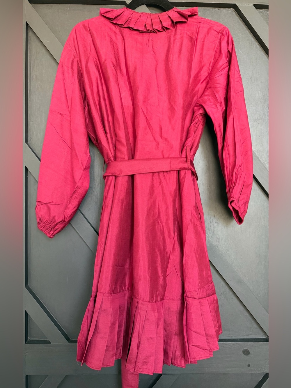 Sue Sartor Pleated Sleeveless Flounce Mini Dress in Burgundy Silk Taffeta, XL - Picture 6 of 9